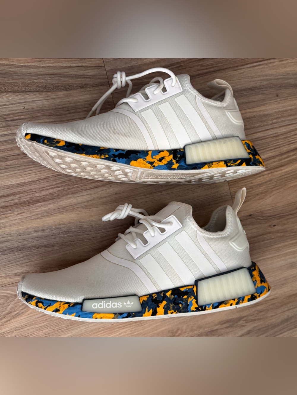 adidas Mens White Sneakers with Blue & Yellow Camouflage Accents